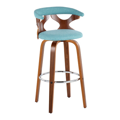 Mid Century Modern Swivel Barstool teal padded upholstery, curved wood frame, chrome footring on Tampa Home & Garden Store