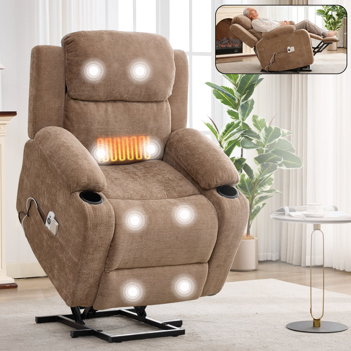 Chenille Power Lift Recliner Chair by HouseOfZazla in brown chenille with cup holders on Tampa Home & Garden Store