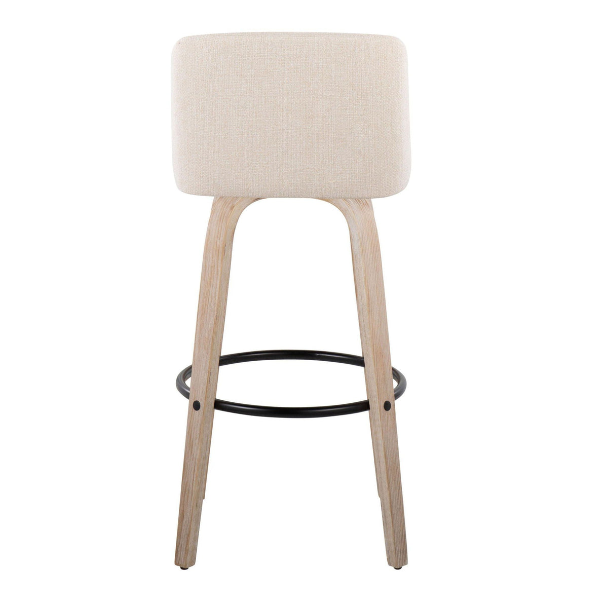 Mid-century modern bar stool with fabric seat and light wood legs featuring a black footrest on Tampa Home & Garden Store