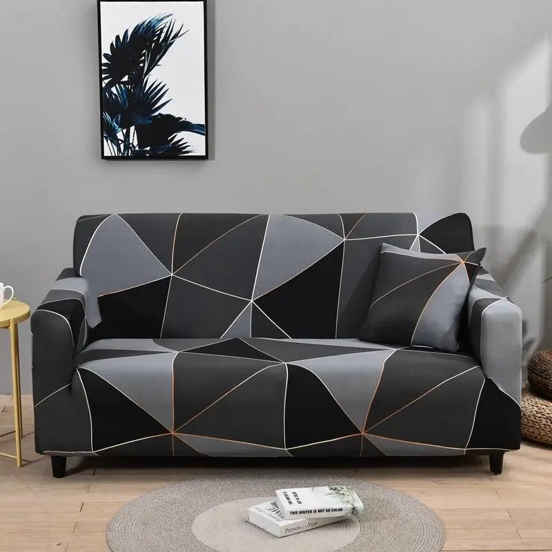 Sofa slipcover elastic all-inclusive full cover in gray-black geometric panels with copper lines on Tampa Home & Garden Store