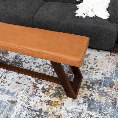 Light brown genuine leather upholstered bench with hand stitching and wooden legs HouseOfZazla on Tampa Home & Garden Store