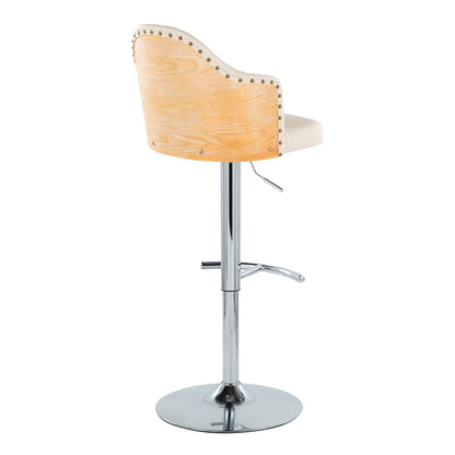 Contemporary adjustable barstool with swivel footrest, wood back, chrome pedestal base on Tampa Home & Garden Store
