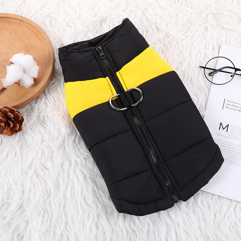 Dog coat vest by Pet Zen, black quilted puffer with yellow stripe, front zipper and D-ring on Tampa Home & Garden Store