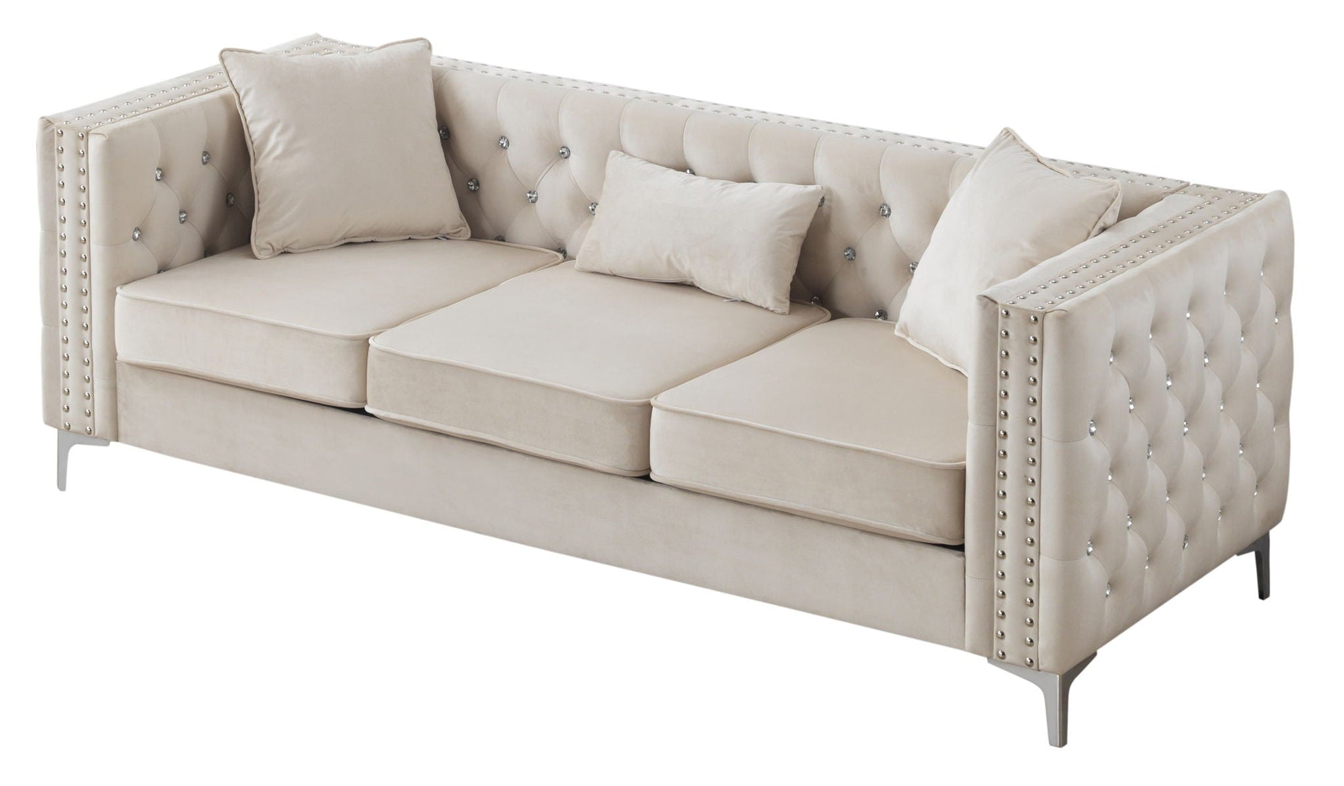 Paige sofa by HouseOfZazla in cream tufted fabric with crystal buttons and nailhead trim on Tampa Home & Garden Store
