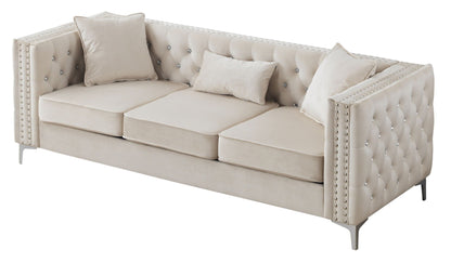 Paige sofa by HouseOfZazla in cream tufted fabric with crystal buttons and nailhead trim on Tampa Home & Garden Store