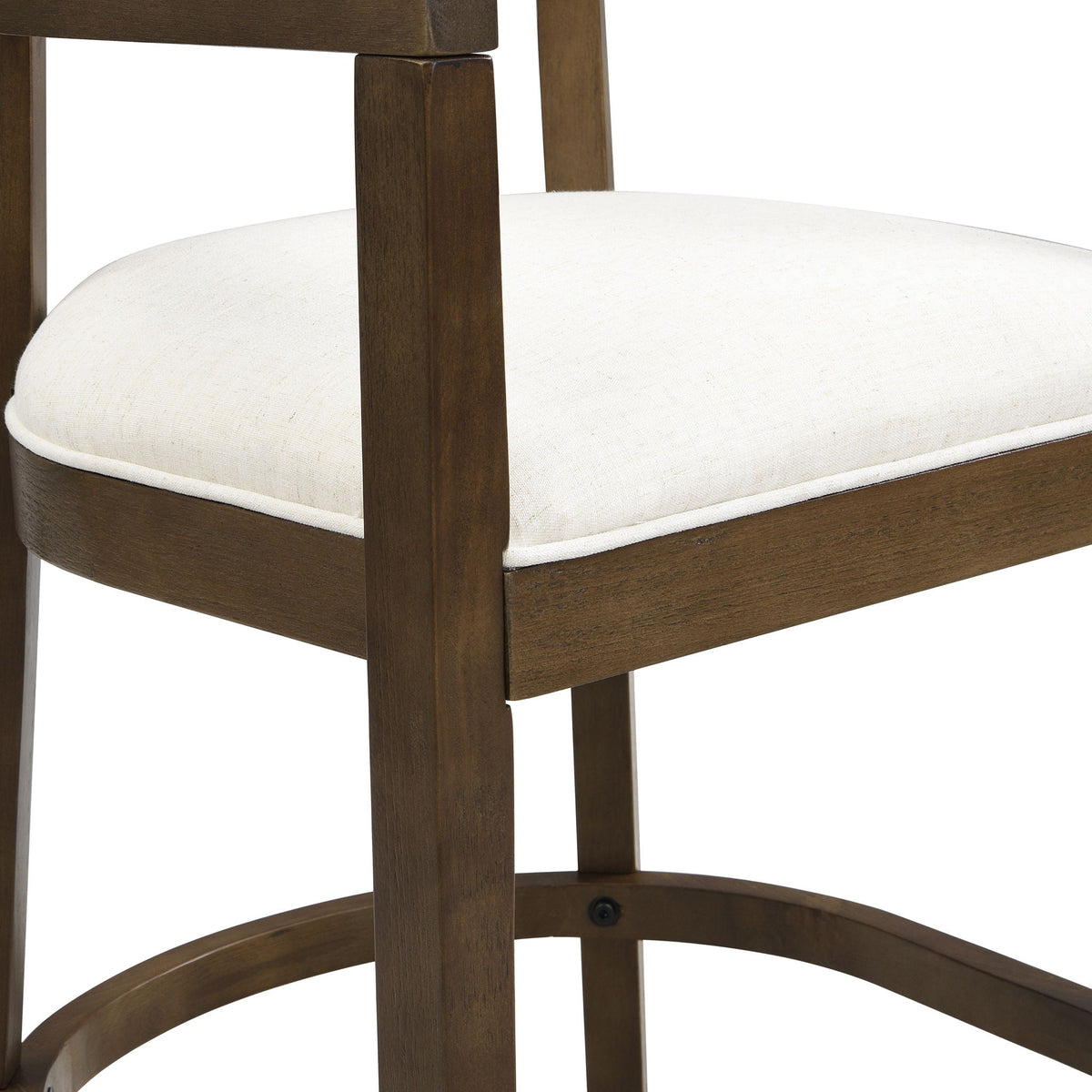 Pair of modern rubberwood counter stools with upholstered cream seats and dark wood frames on Tampa Home & Garden Store