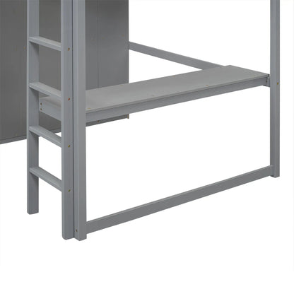 Loft bed with built-in wardrobe and open shelves, gray finish, Unique Piece Furniture on Tampa Home & Garden Store