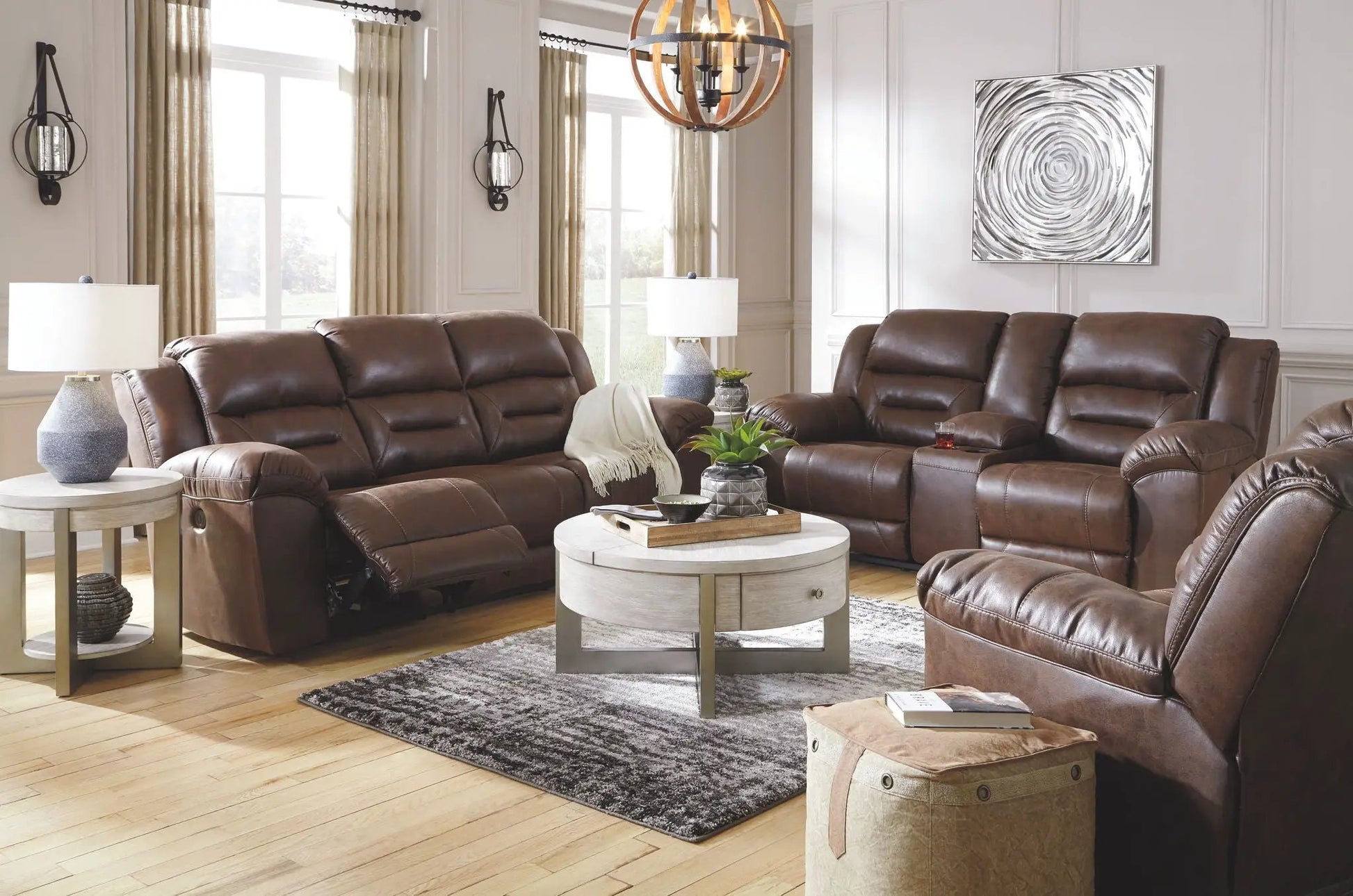 Stoneland reclining living room set in brown leather with plush tufted cushions on Tampa Home & Garden Store