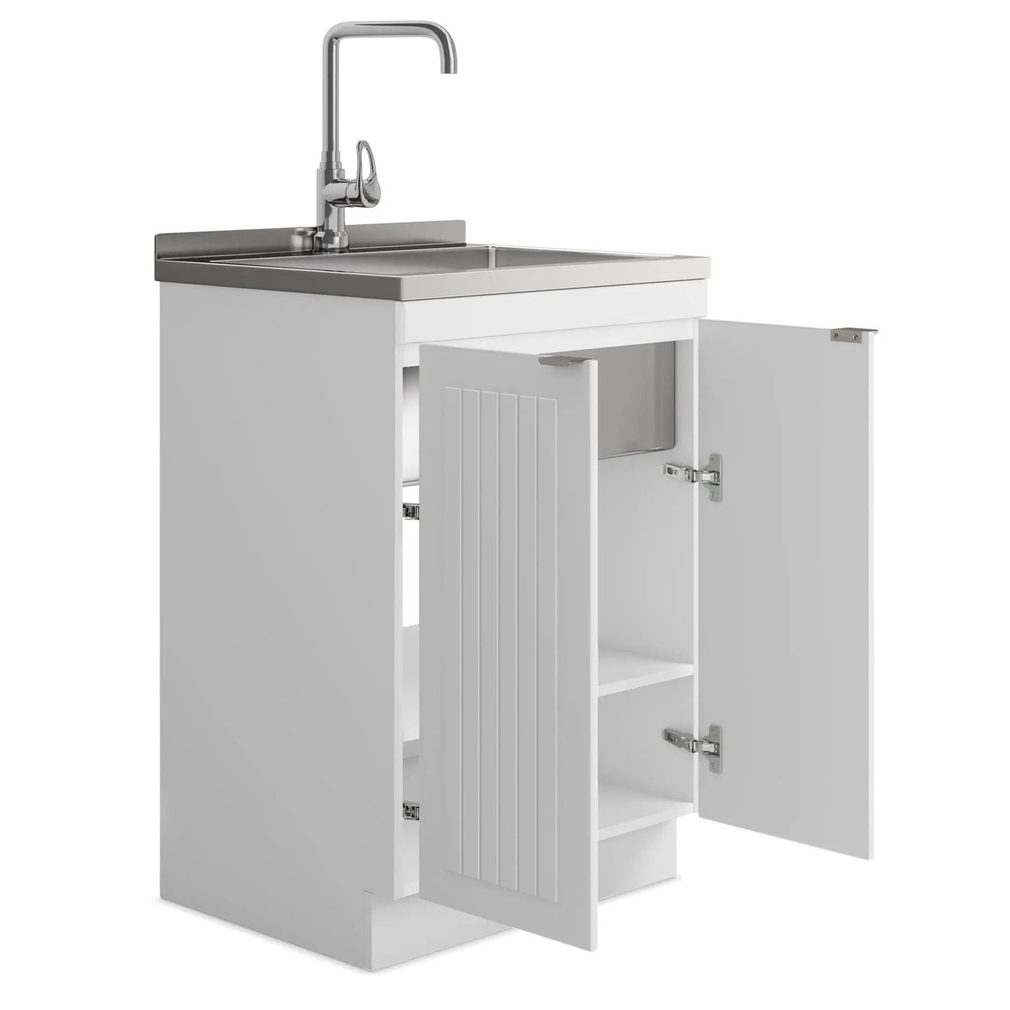 Murphy laundry cabinet with faucet and stainless steel sink, white cabinet, chrome faucet on Tampa Home & Garden Store