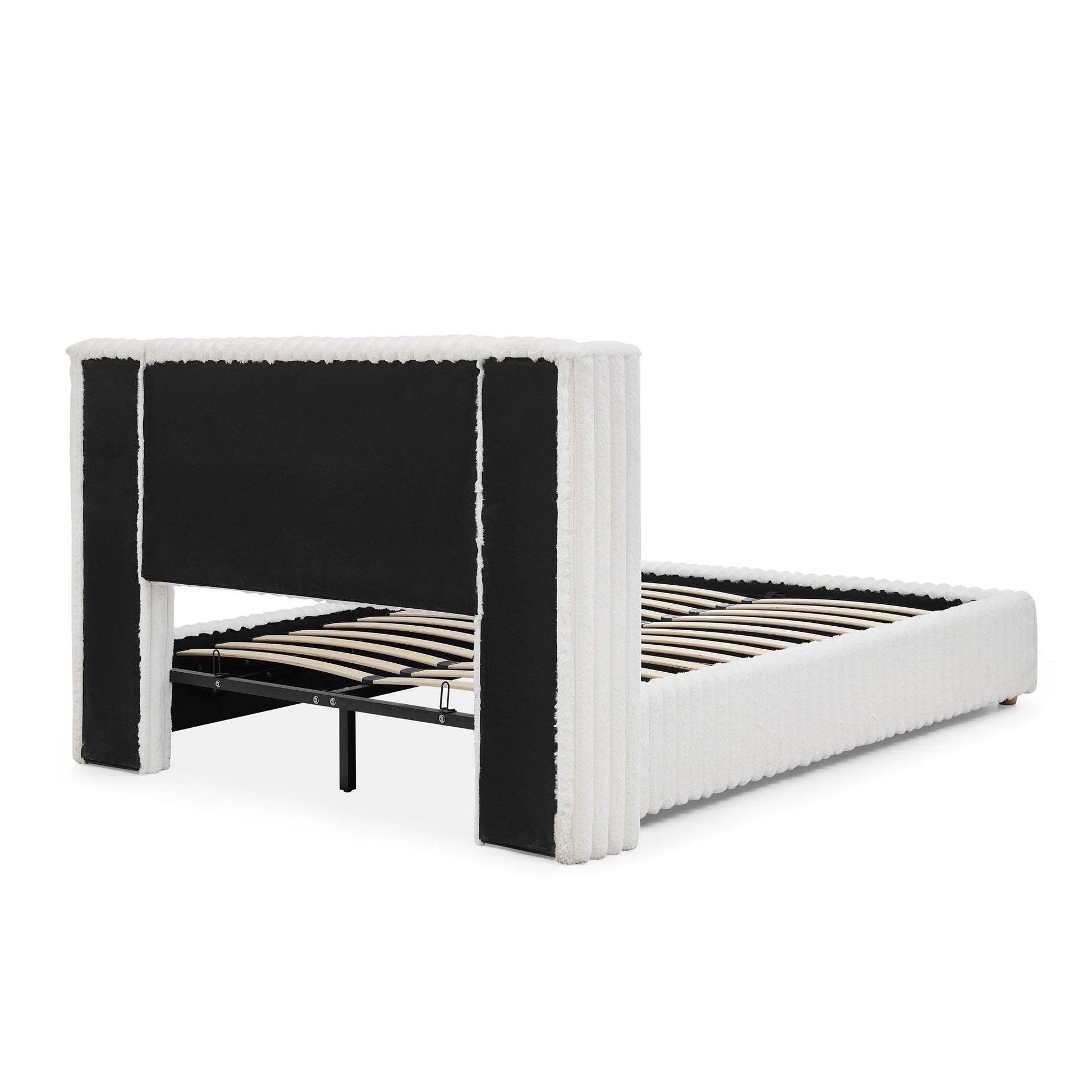 Functional Vertical Striped Bed with Gas Lift Storage white fur trim and black panels on Tampa Home & Garden Store