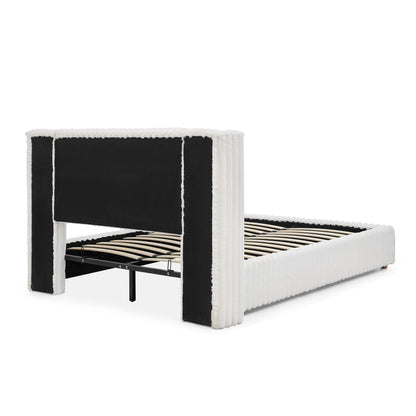 Functional Vertical Striped Bed with Gas Lift Storage white fur trim and black panels on Tampa Home & Garden Store