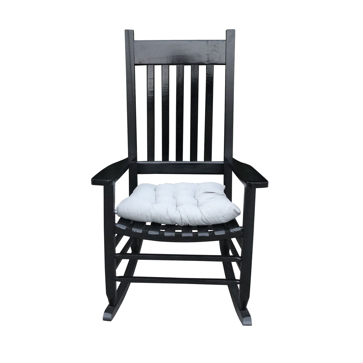 Classic wooden porch rocker in black by HouseOfZazla with white cushion on Tampa Home & Garden Store