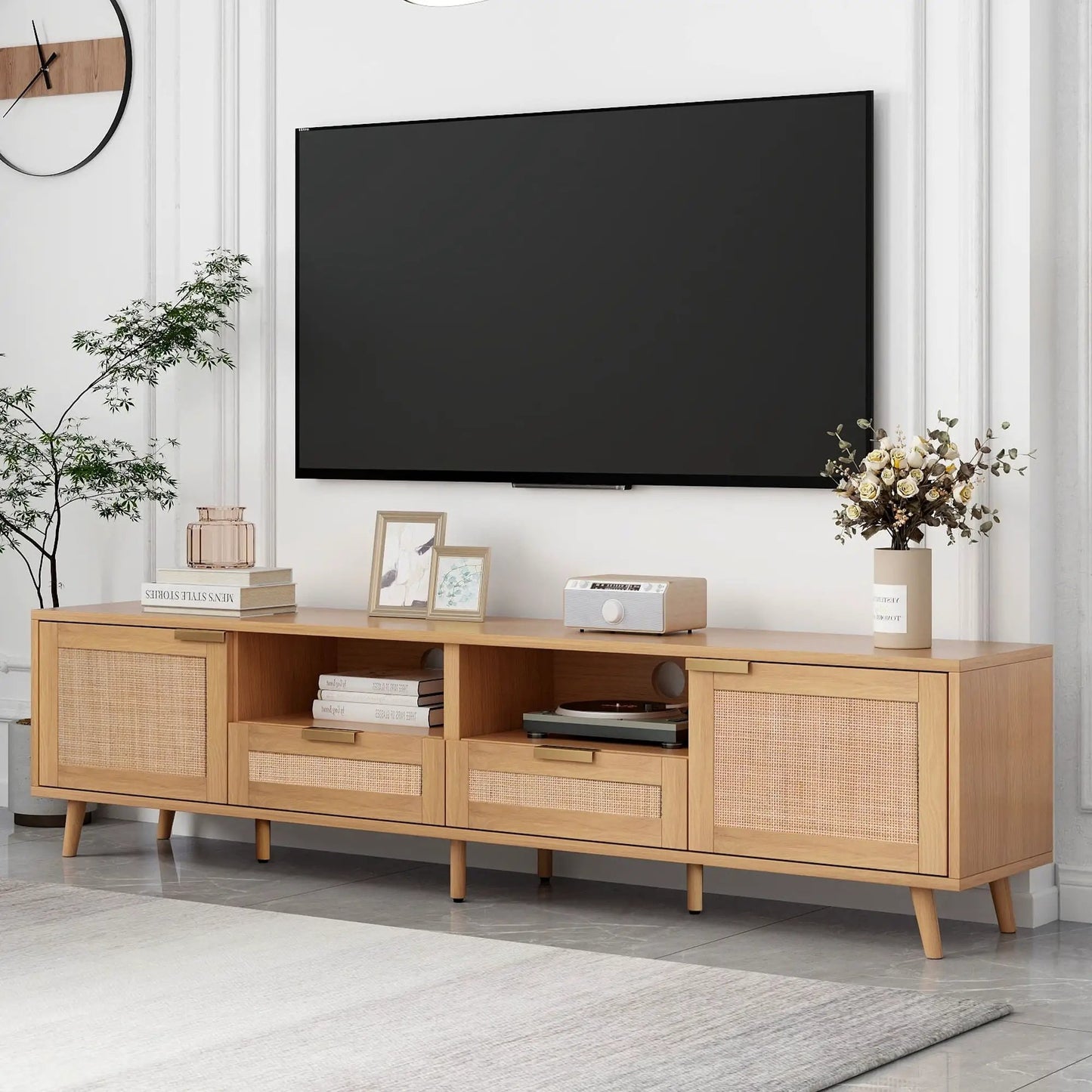 Rattan and Solid Wood TV Stand With Cable