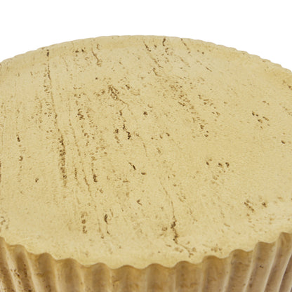 Beige textured tablecloth draped over a round table with scalloped edge on white background on Tampa Home & Garden Store