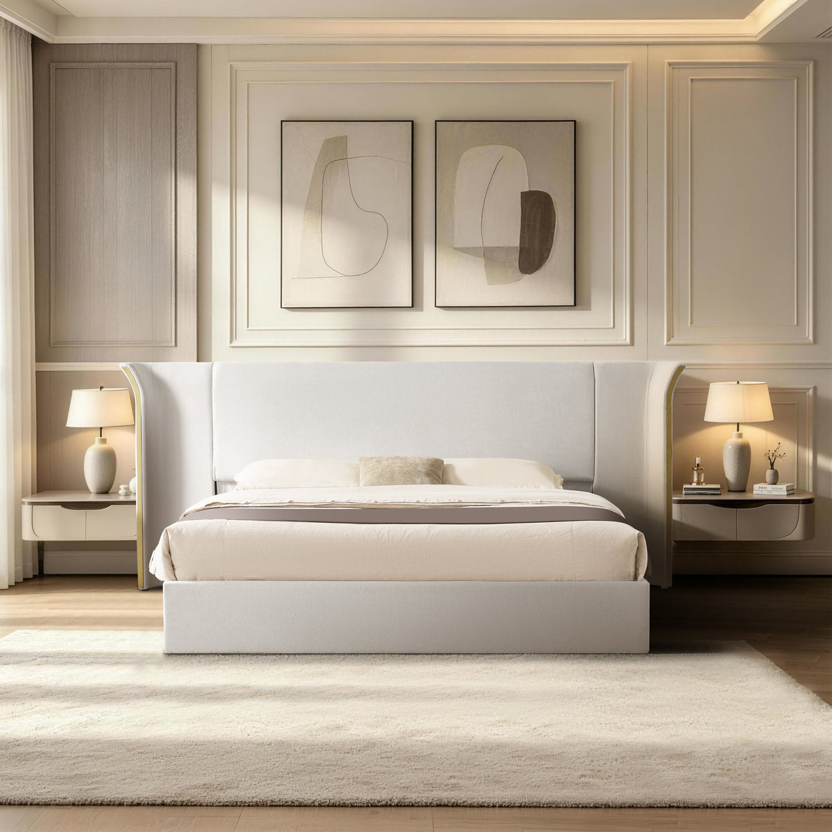 King size upholstered bed frame with beige padded wing-back headboard by HouseOfZazla on Tampa Home & Garden Store