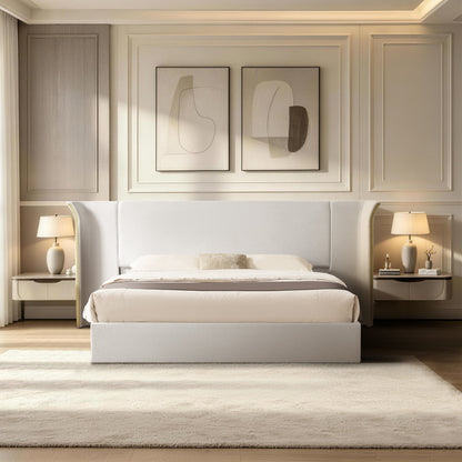 King size upholstered bed frame with beige padded wing-back headboard by HouseOfZazla on Tampa Home & Garden Store