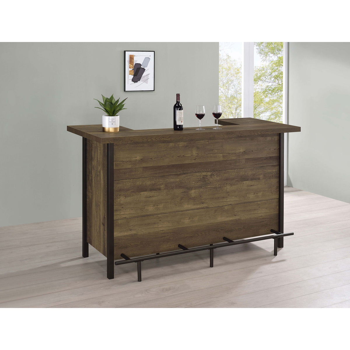 Lampton Oak home bar with black metal legs by HouseOfZazla, wine bottle on Tampa Home & Garden Store