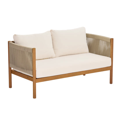 Outdoor loveseat and coffee table set in teak-look acacia wood with beige cushions HouseOfZazla on Tampa Home & Garden Store