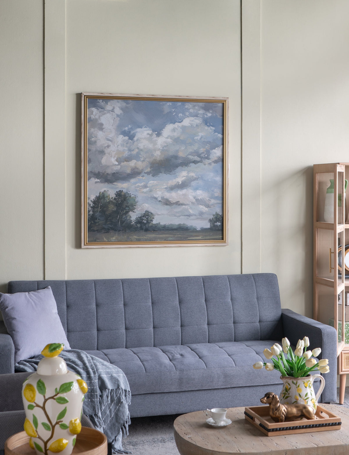 Large square countryside canvas wall art with soft multicolor details in a gold frame on Tampa Home & Garden Store