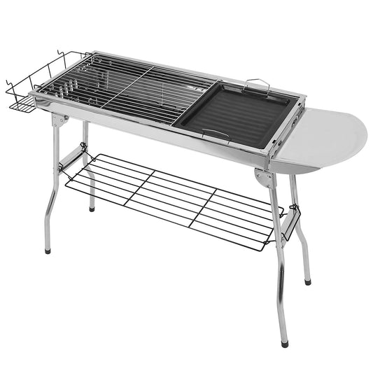 GemGear foldable stainless steel portable charcoal BBQ grill with side tray and lower shelf on Tampa Home & Garden Store
