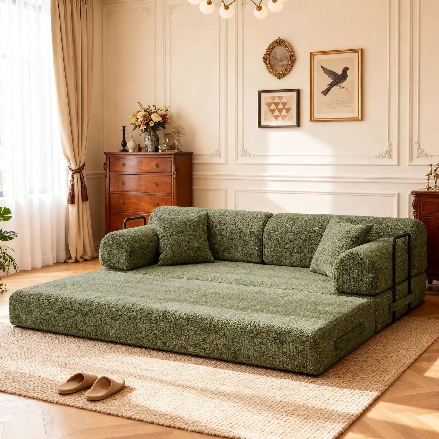 Modern 2 Tone Fabric Convertible Sleeper Sofa Bed in green textured upholstery with metal arms on Tampa Home & Garden Store