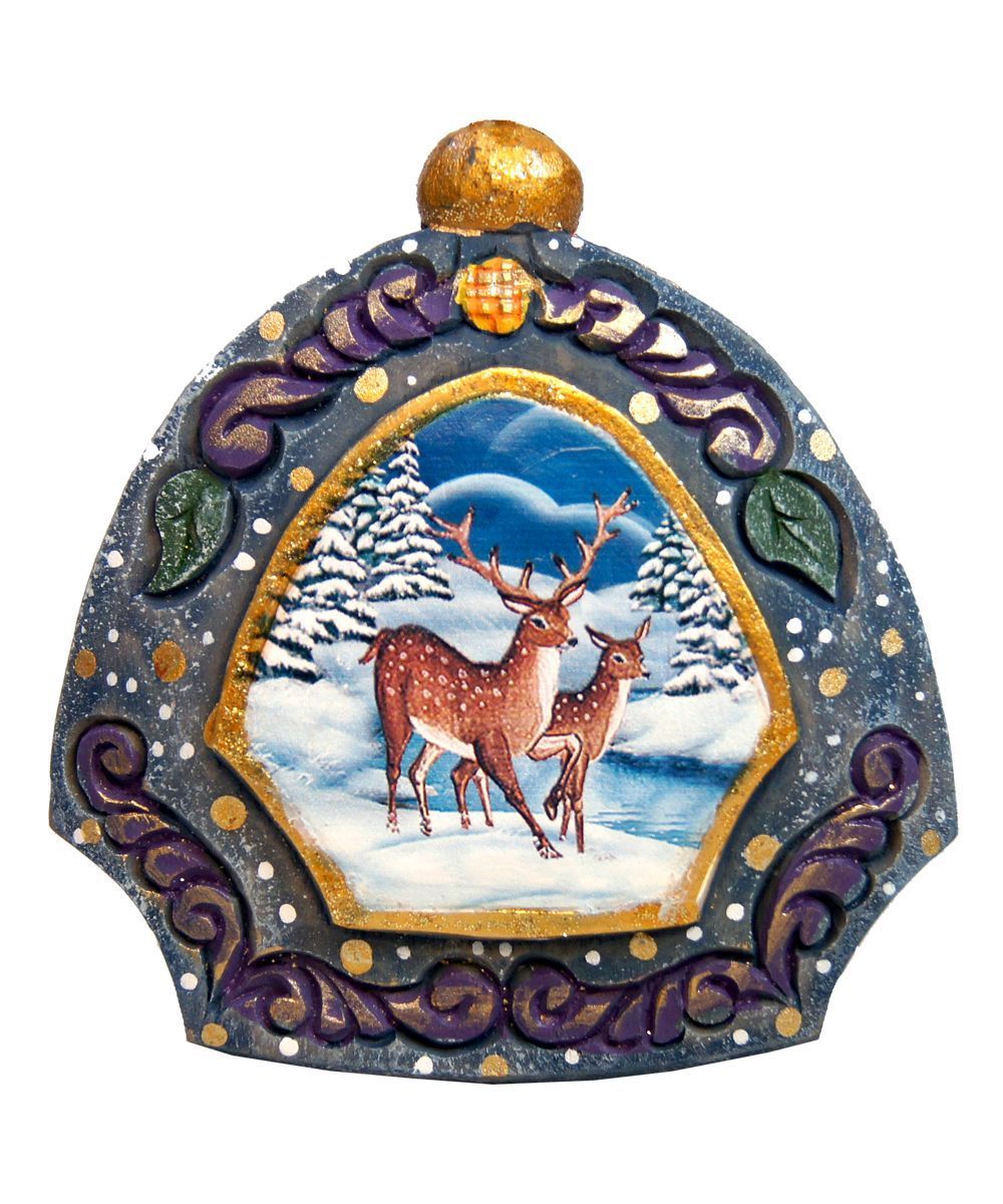 Hand Painted Deer Ornament by G. DeBrekht; blue base with purple accents, gold trim, snowy scene on Tampa Home & Garden Store