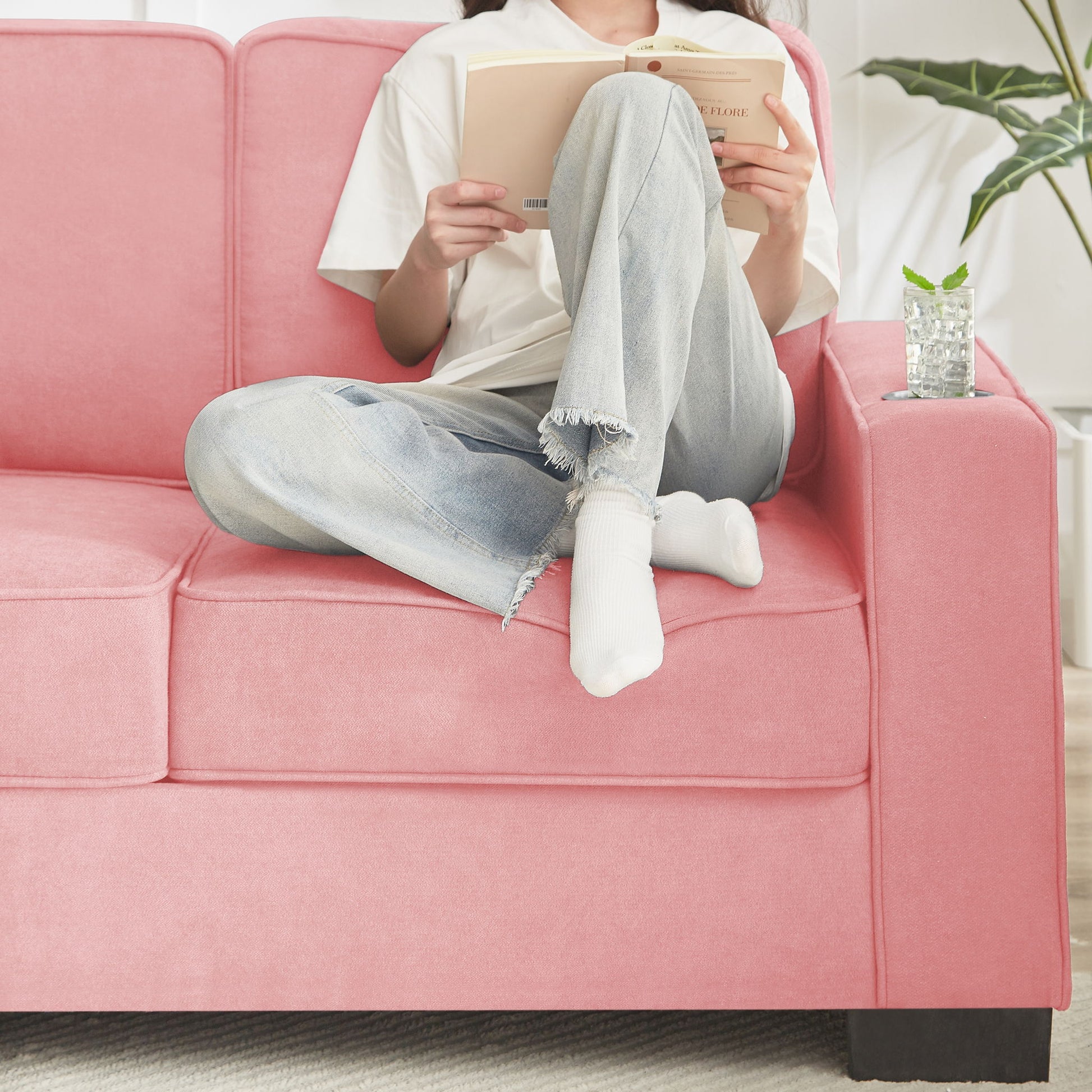 Modern Snowfleece 3 Seater Sofa with Cup Holder pink textured fabric HouseOfZazla on Tampa Home & Garden Store