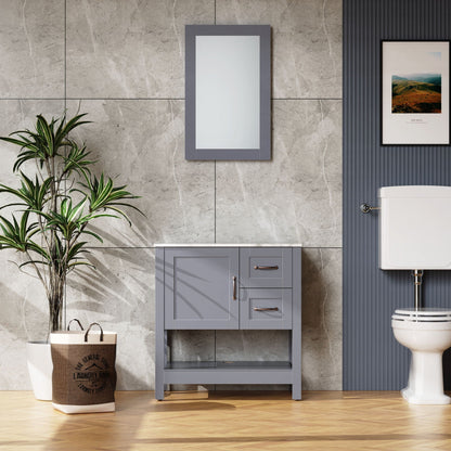 Gray bathroom vanity with mirror and marble-pattern top, accented copper handles on Tampa Home & Garden Store