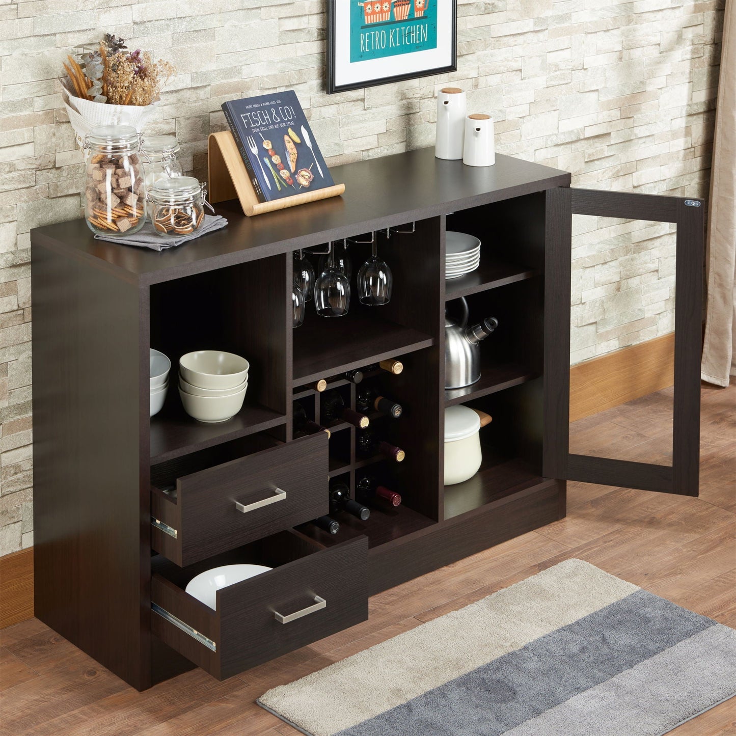 Hazen Wine Cabinet III Espresso dark wood with bottle racks and glass storage by HouseOfZazla on Tampa Home & Garden Store