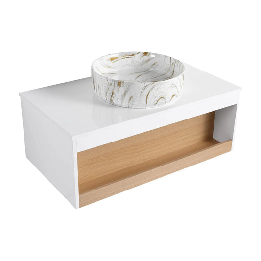 Floating bathroom vanity with vessel sink in white marble with gold veins on Tampa Home & Garden Store