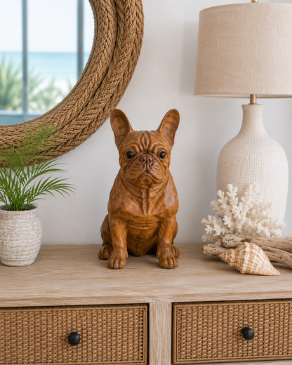 Hand carved French Bulldog figurine, large brown ceramic, The Broward Design Center on Tampa Home & Garden Store