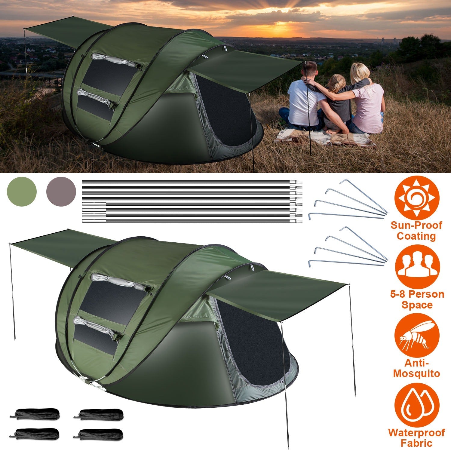 GemGear green 3-4 person pop-up tent with mosquito net windows and automatic setup on Tampa Home & Garden Store