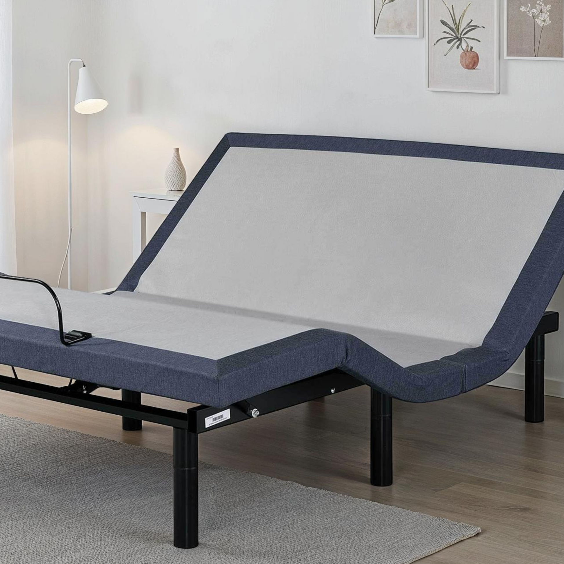 Full adjustable bed base with head/foot adjustments, HouseOfZazla navy blue frame on Tampa Home & Garden Store