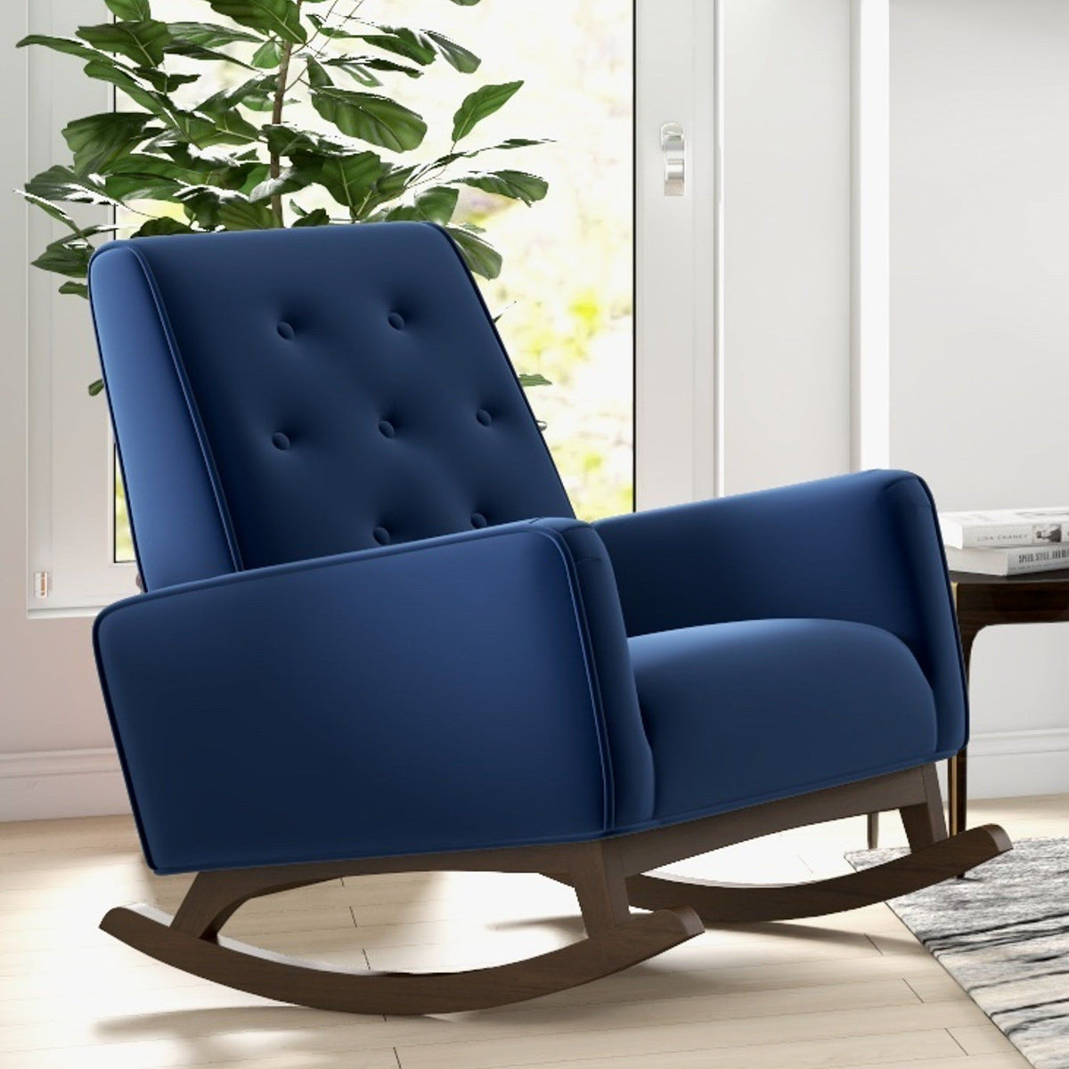 Demetrius solid wood rocking chair in blue, tufted back, curved rockers on Tampa Home & Garden Store