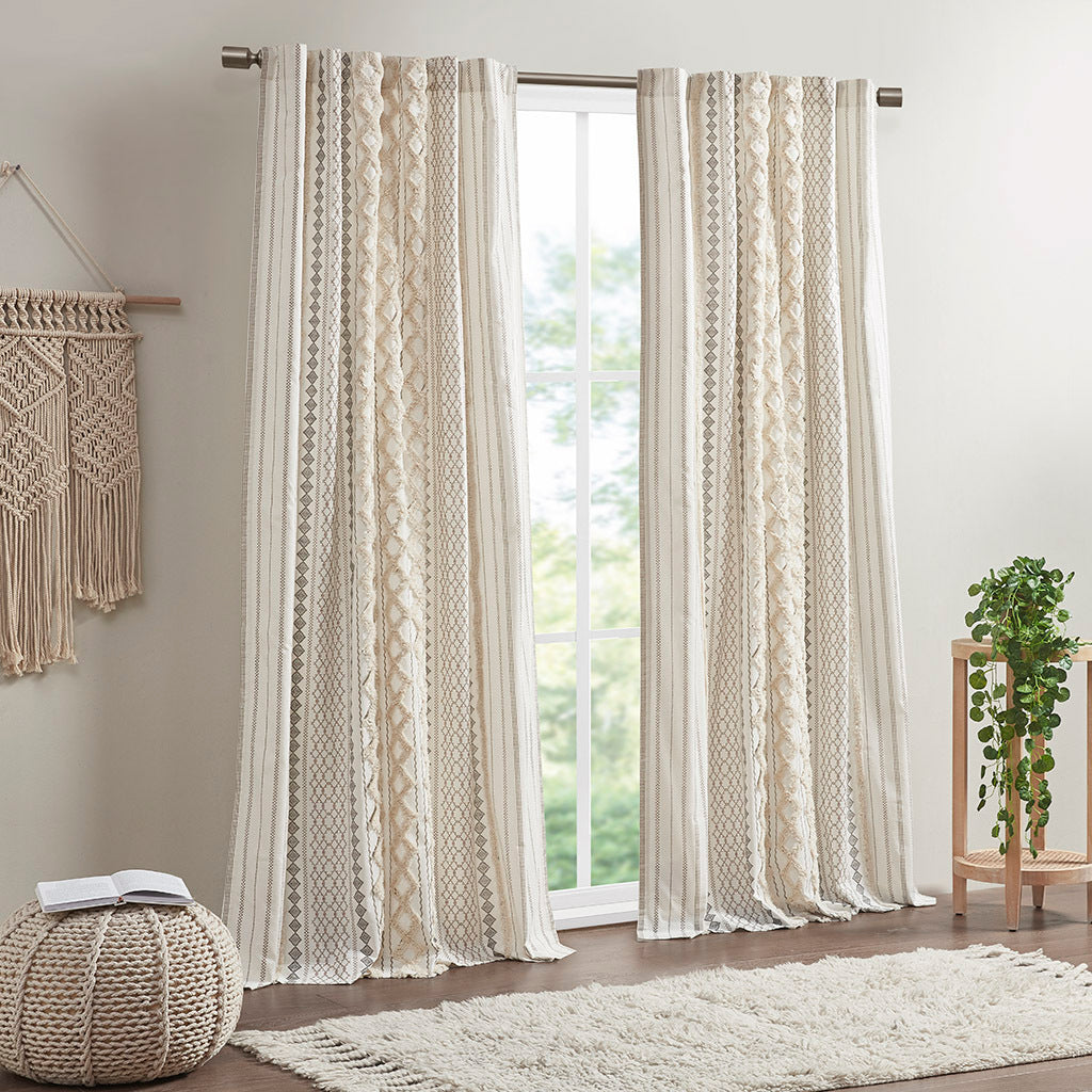 Cotton printed curtain panel ivory with chenille stripe and lining, HouseOfZazla, 50x84, pair on Tampa Home & Garden Store