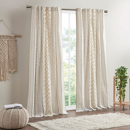 Cotton printed curtain panel ivory with chenille stripe and lining, HouseOfZazla, 50x84, pair on Tampa Home & Garden Store