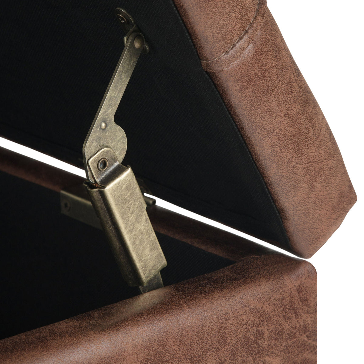 Harrison Tufted Lift Top Storage Ottoman brown textured leather with exposed metal hinge on Tampa Home & Garden Store