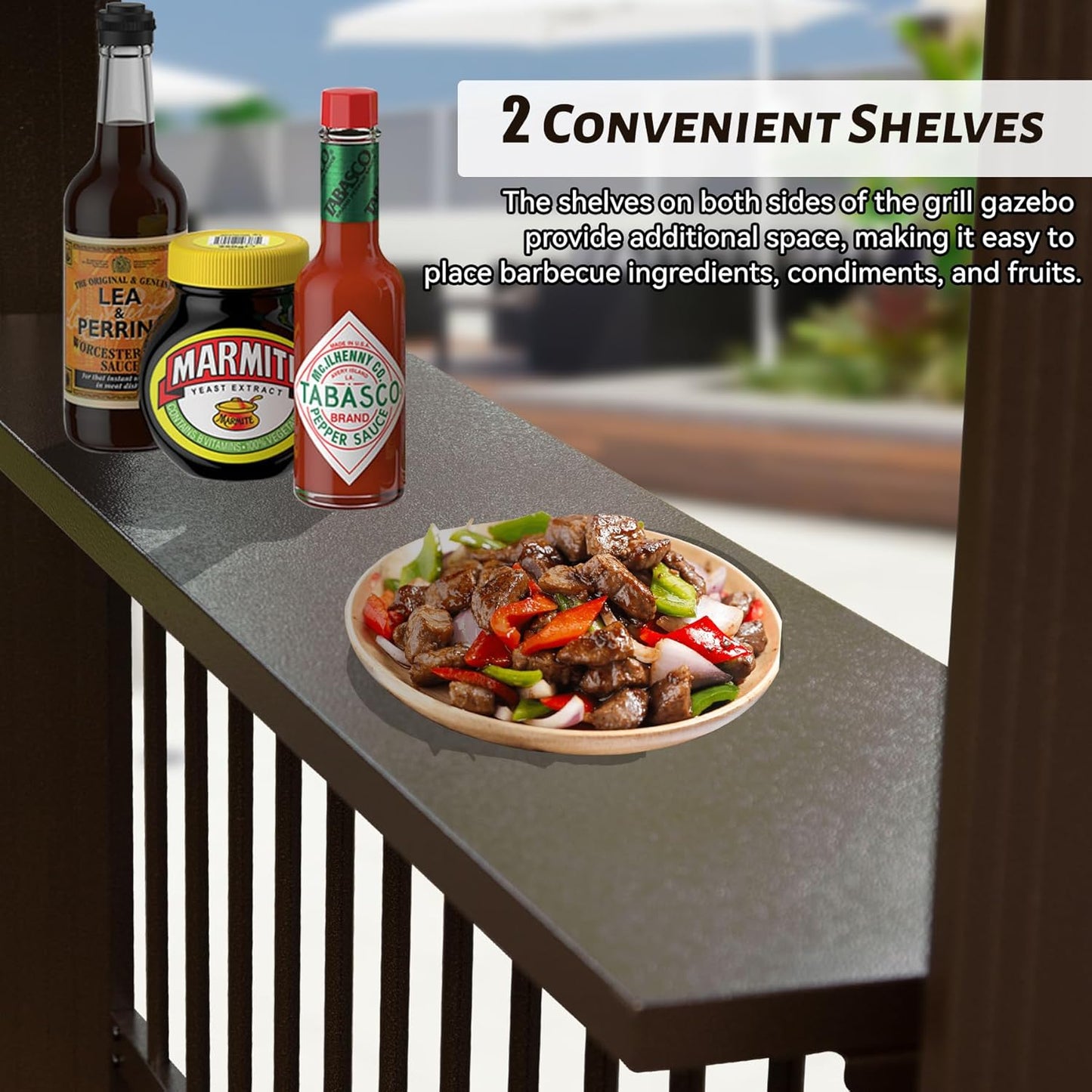 6.5x12FT Hardtop Grill Gazebo on balcony with two shelves holding sauces and a plated meal on Tampa Home & Garden Store
