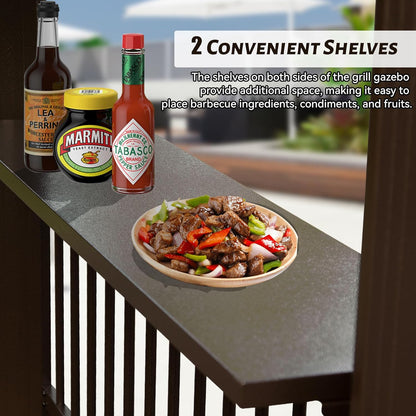 6.5x12FT Hardtop Grill Gazebo on balcony with two shelves holding sauces and a plated meal on Tampa Home & Garden Store