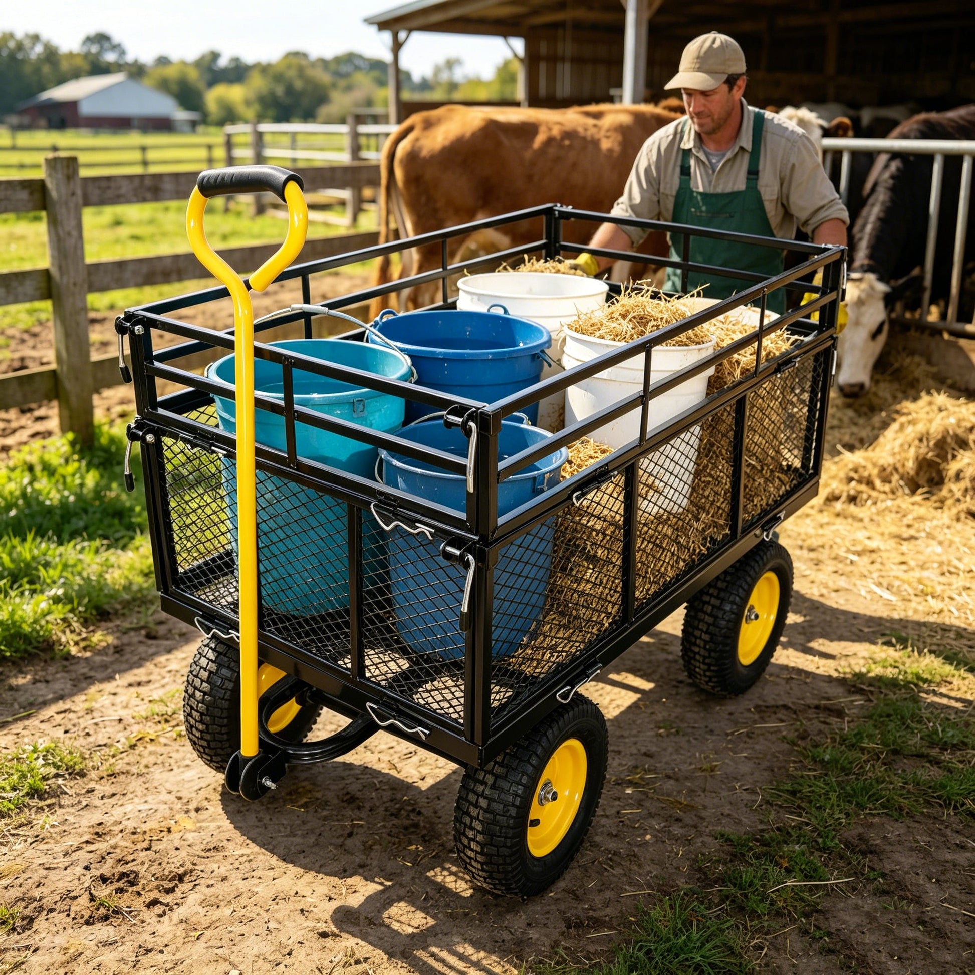 Garden wagon cart yellow and black with blue buckets and hay by HouseOfZazla on Tampa Home & Garden Store