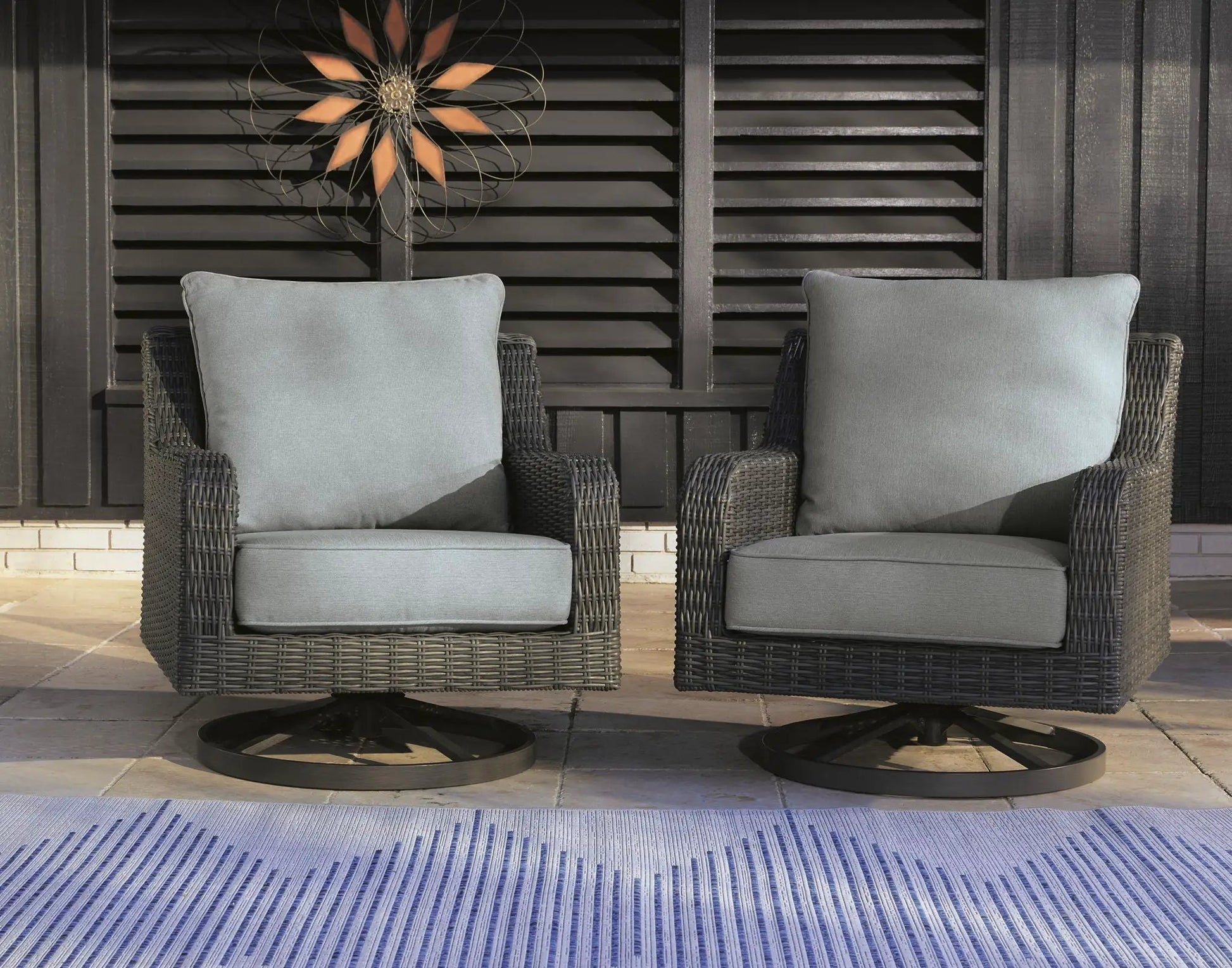 Elite Park Swivel Lounge Chair with gray cushion in dark wicker, 2 chairs on Tampa Home & Garden Store