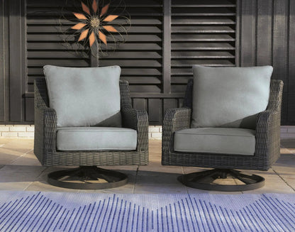 Elite Park Swivel Lounge Chair with gray cushion in dark wicker, 2 chairs on Tampa Home & Garden Store