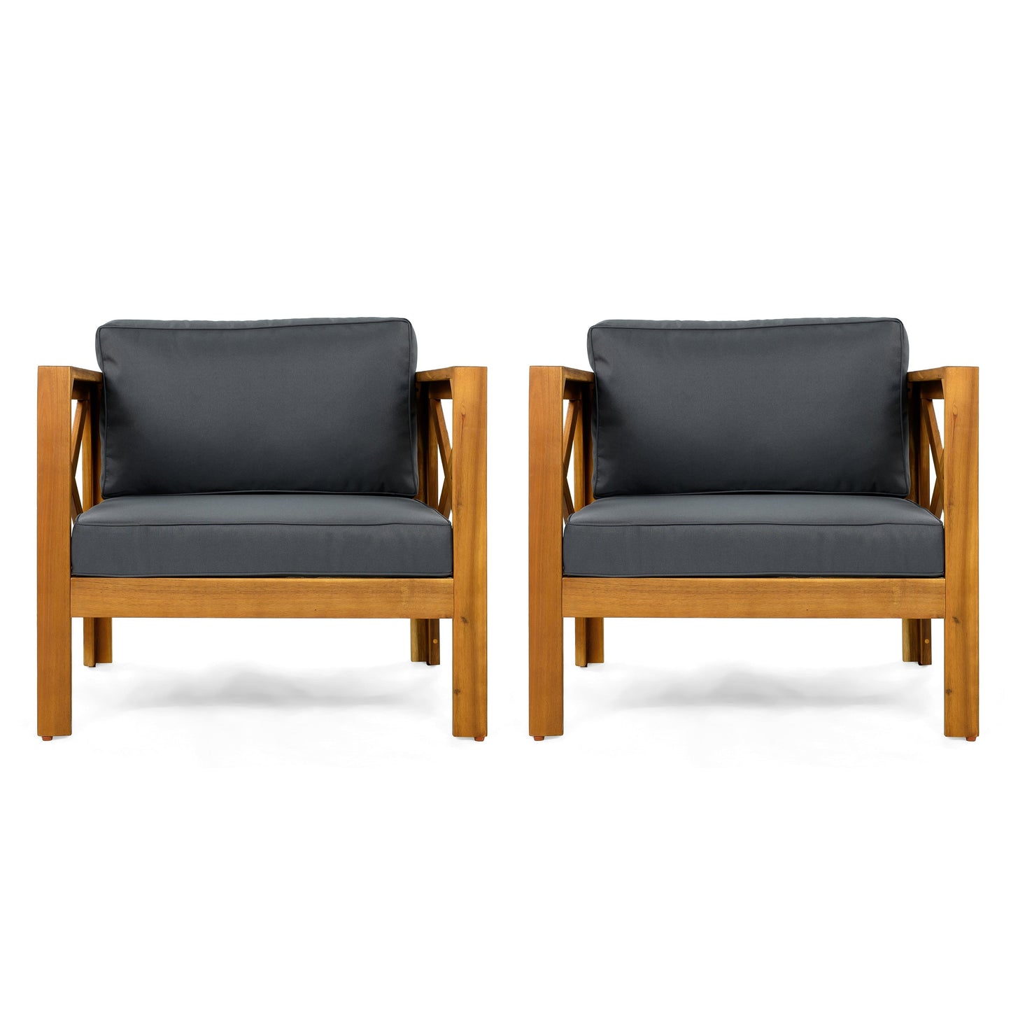 Outdoor club chairs with acacia wood frames and dark gray cushions, pair on Tampa Home & Garden Store