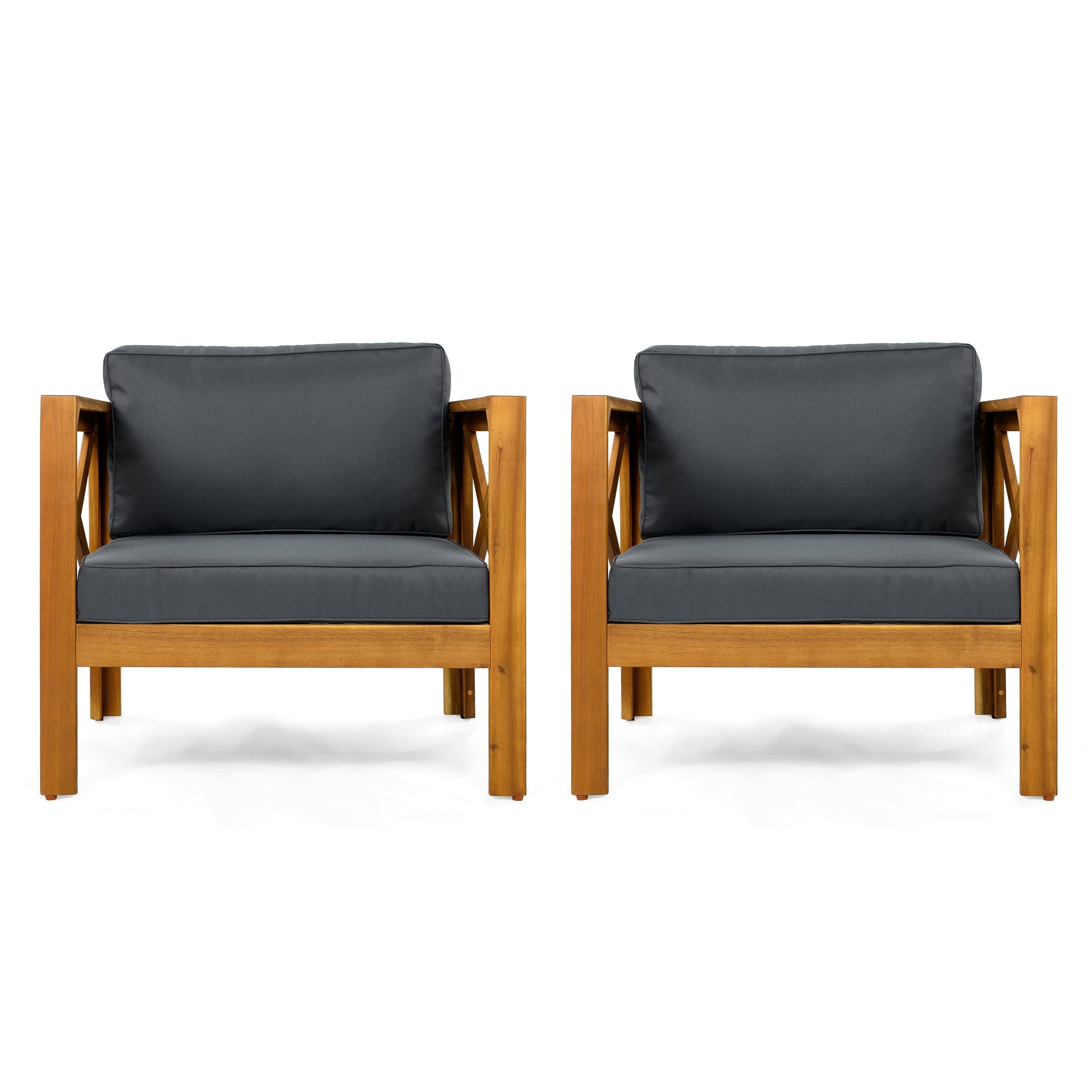 Outdoor club chairs with acacia wood frames and dark gray cushions, pair on Tampa Home & Garden Store