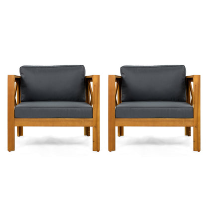 Outdoor club chairs with acacia wood frames and dark gray cushions, pair on Tampa Home & Garden Store