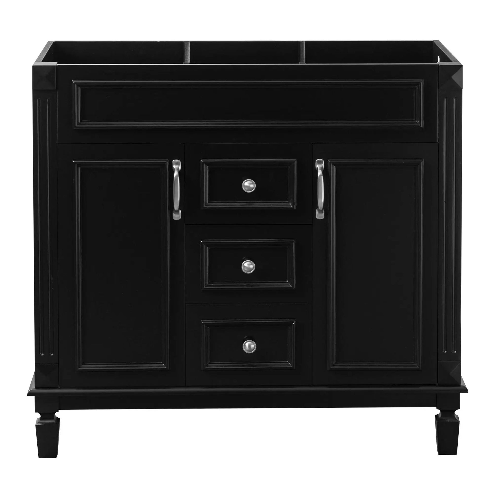 Black bathroom vanity base with 2 soft closing doors and 2 drawers, framed panels, metal handles on Tampa Home & Garden Store