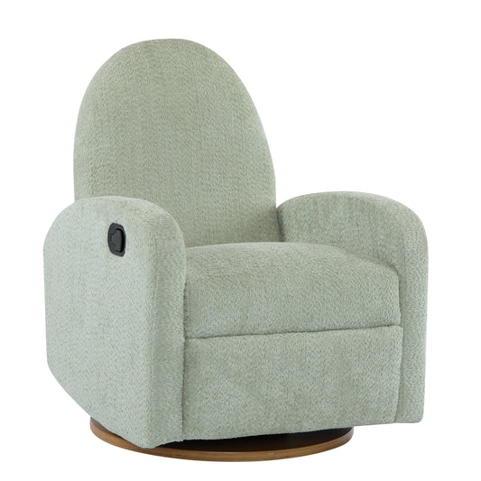 360 swivel and glider recliner chair in sage green fabric upholstery with wood base on Tampa Home & Garden Store