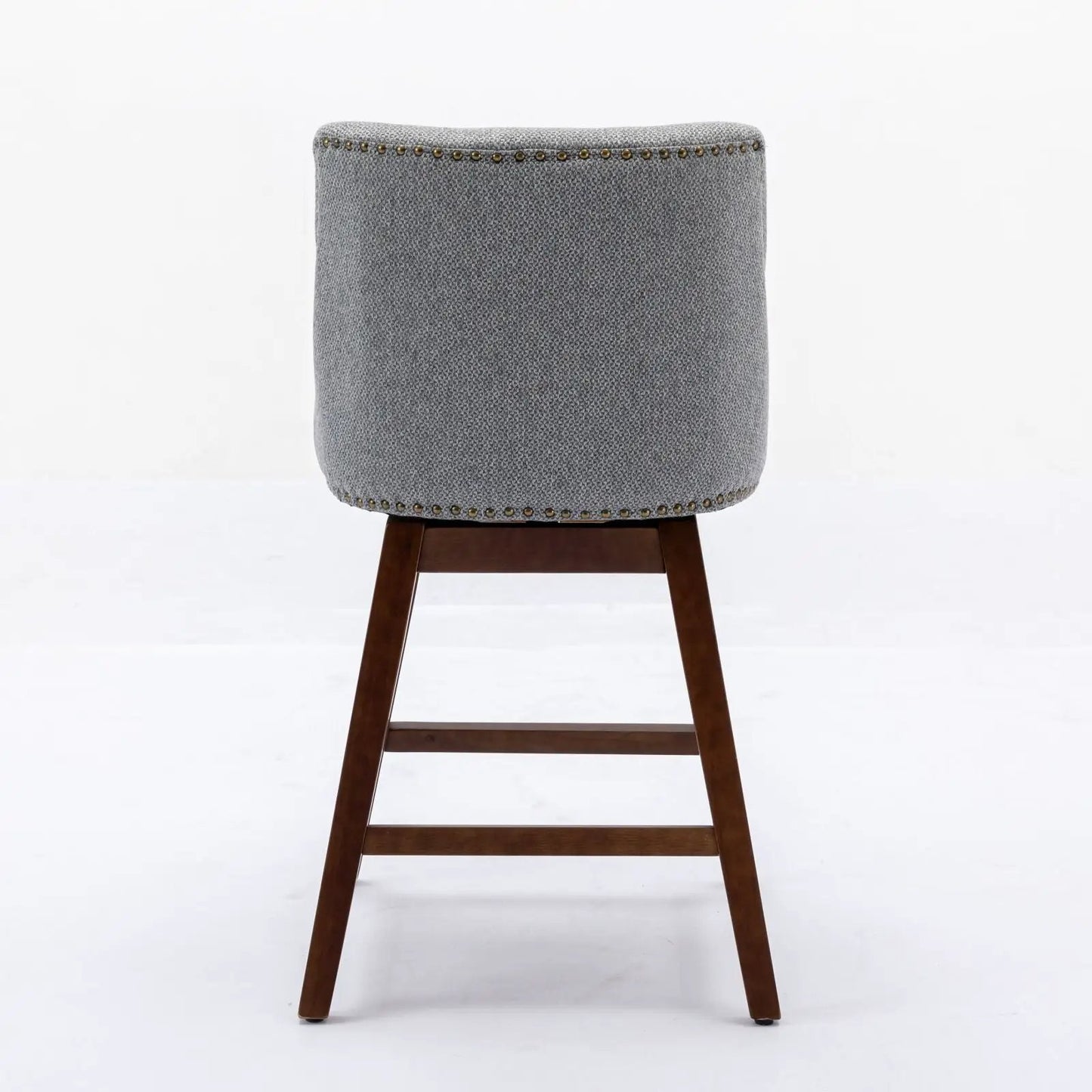 Counter height swivel barstool gray fabric upholstery with nailhead trim and dark wood legs on Tampa Home & Garden Store
