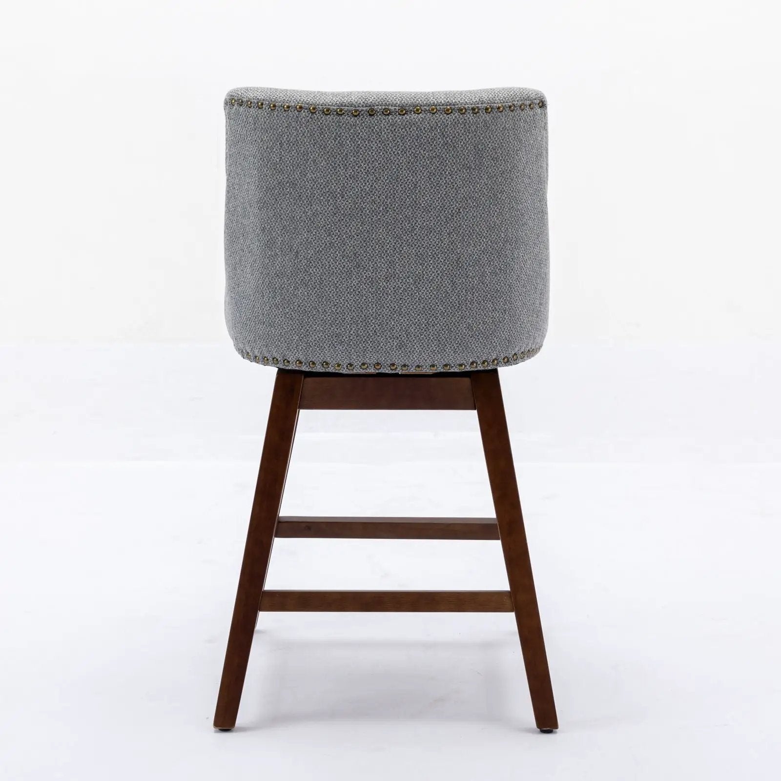 Counter height swivel barstool gray fabric upholstery with nailhead trim and dark wood legs on Tampa Home & Garden Store