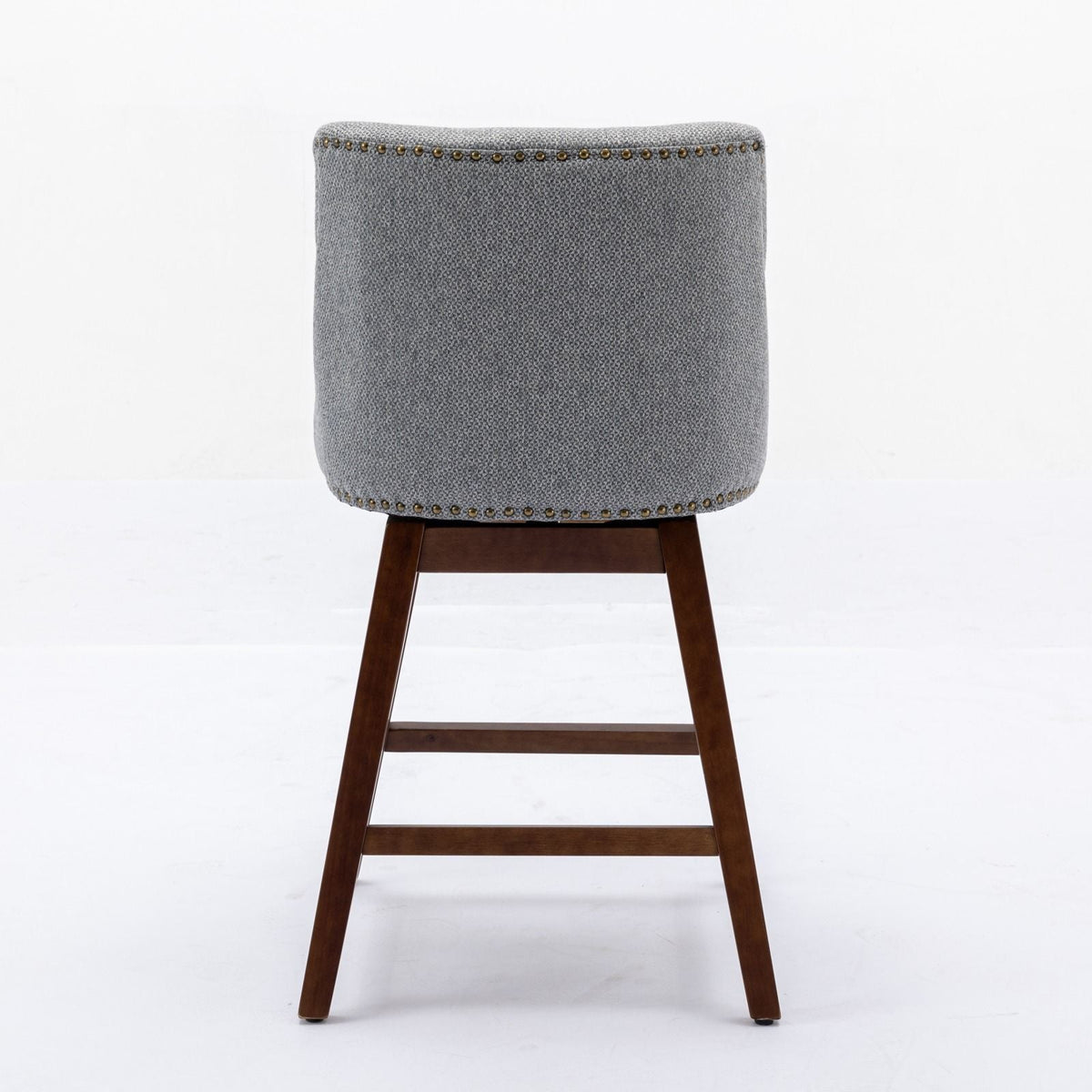 Counter Height Swivel Barstools Set of 2 in gray fabric with nailhead trim and dark wood legs on Tampa Home & Garden Store